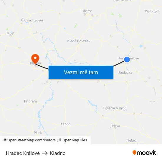 Hradec Králové to Kladno map