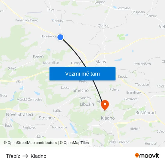 Třebíz to Kladno map