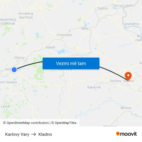 Karlovy Vary to Kladno map