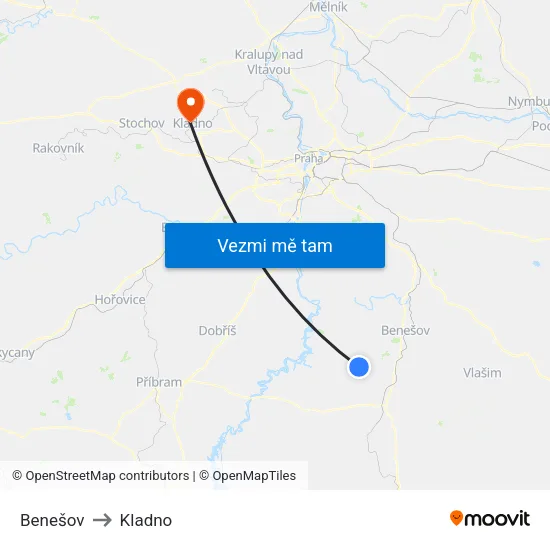 Benešov to Kladno map