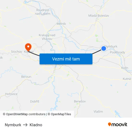 Nymburk to Kladno map