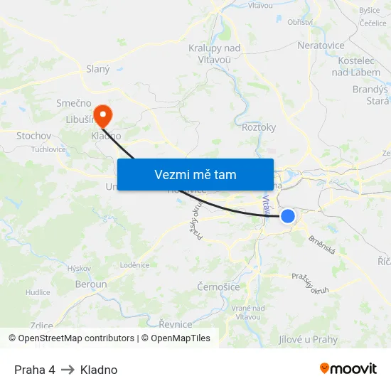 Praha 4 to Kladno map