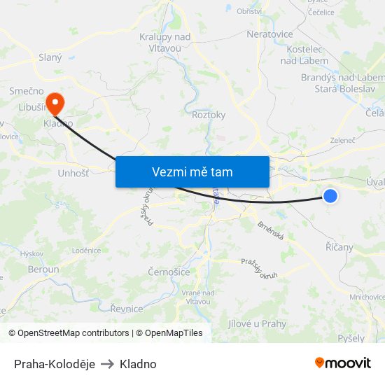 Praha-Koloděje to Kladno map