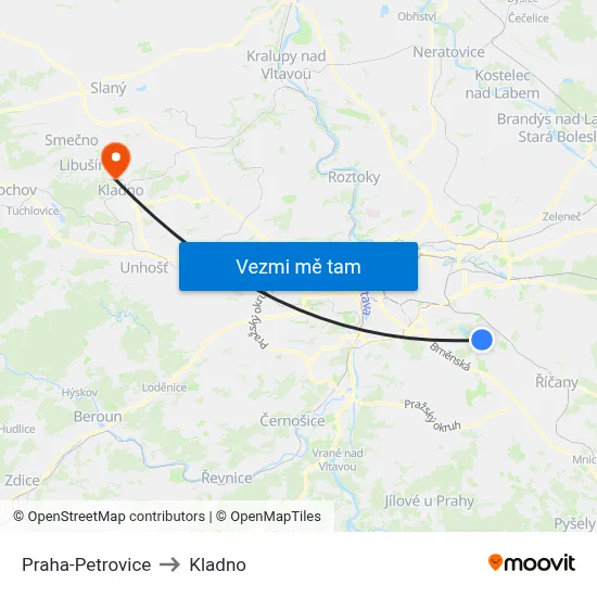 Praha-Petrovice to Kladno map