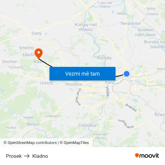 Prosek to Kladno map
