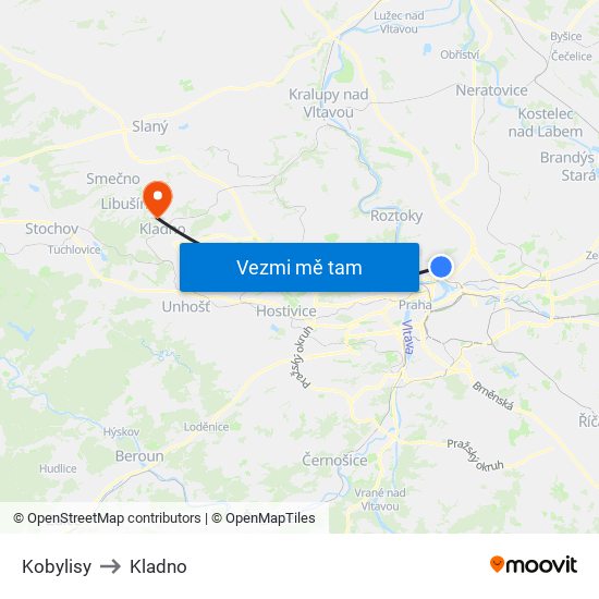 Kobylisy to Kladno map