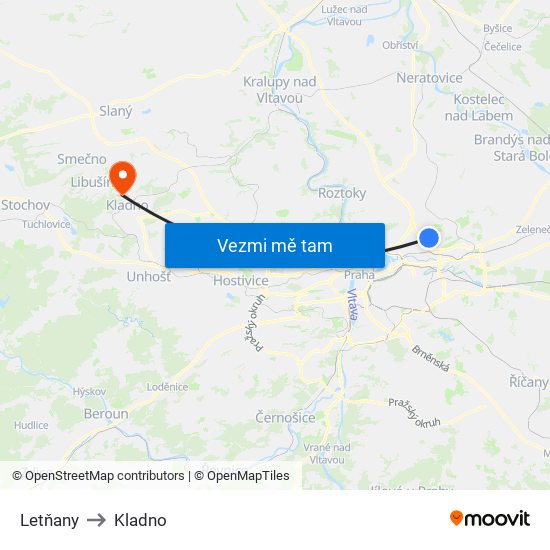 Letňany to Kladno map