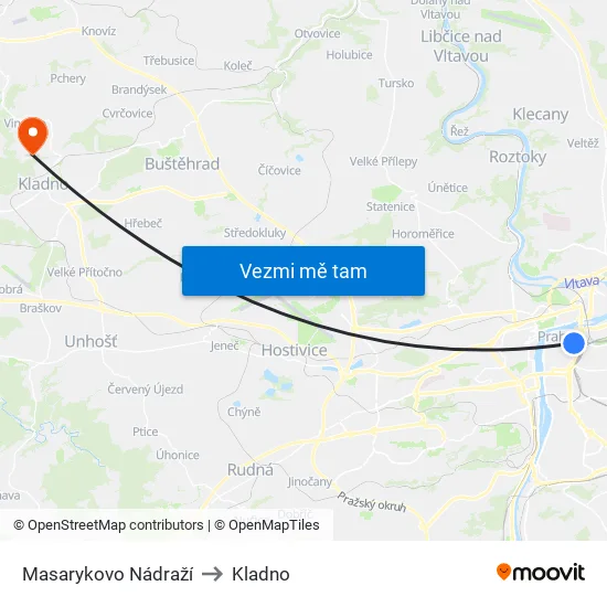 Masarykovo Nádraží to Kladno map