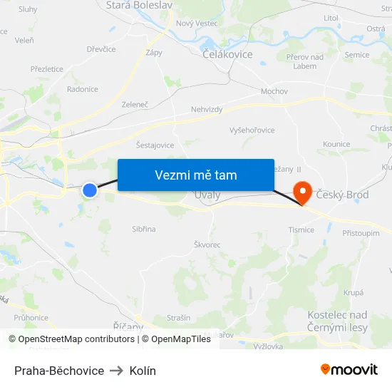Praha-Běchovice to Kolín map