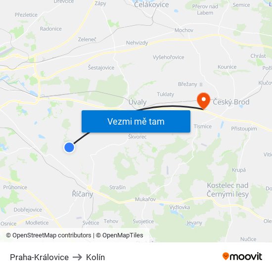 Praha-Královice to Kolín map