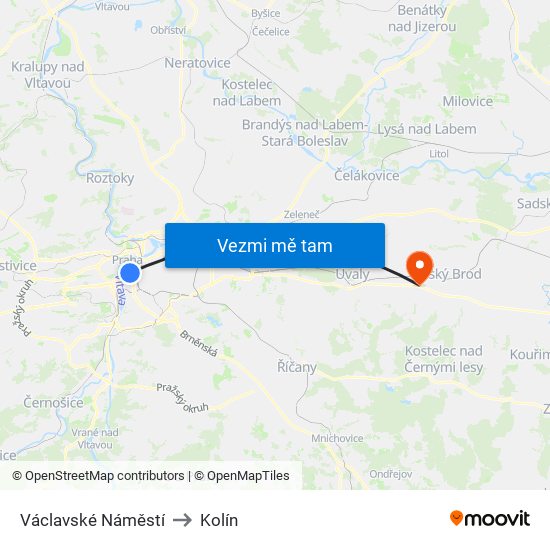 Václavské Náměstí (B) to Kolín map