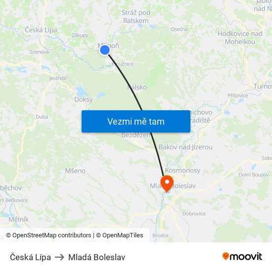 Česká Lípa to Mladá Boleslav map