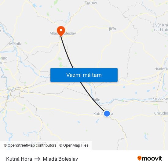 Kutná Hora to Mladá Boleslav map