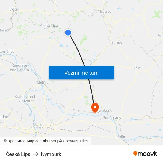 Česká Lípa to Nymburk map