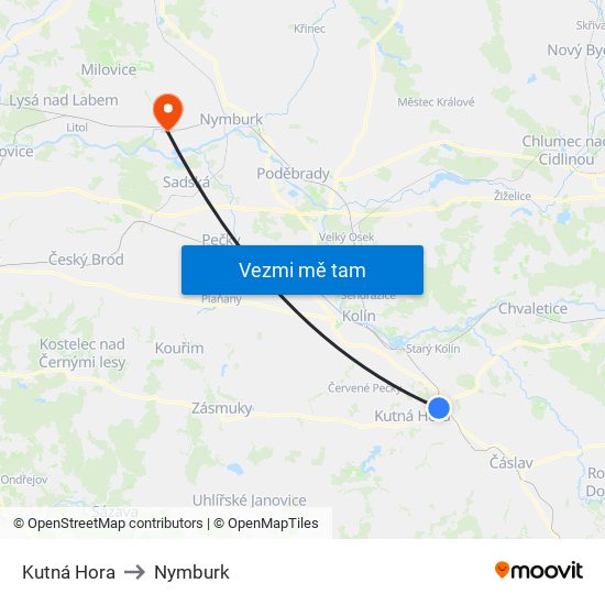 Kutná Hora to Nymburk map