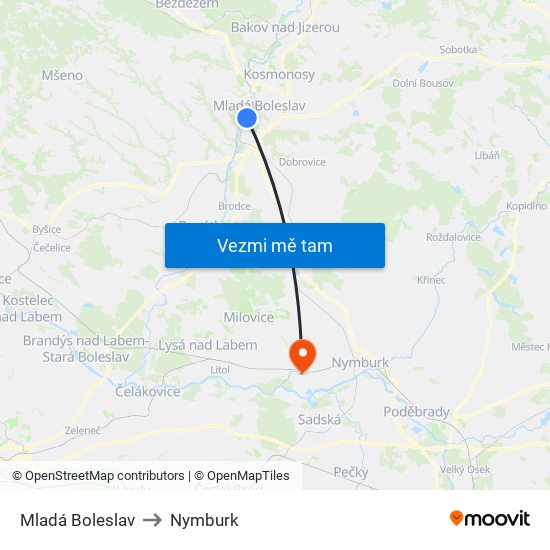 Mladá Boleslav to Nymburk map