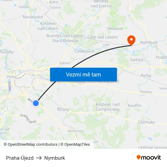 Praha-Újezd to Nymburk map