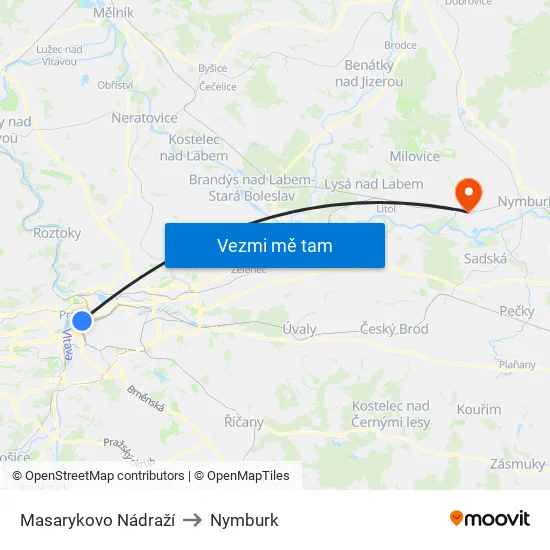 Masarykovo Nádraží to Nymburk map