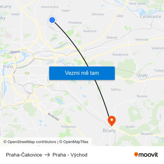 Praha-Čakovice to Praha - Východ map