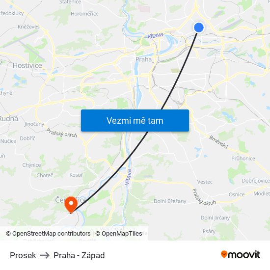 Prosek to Praha - Západ map