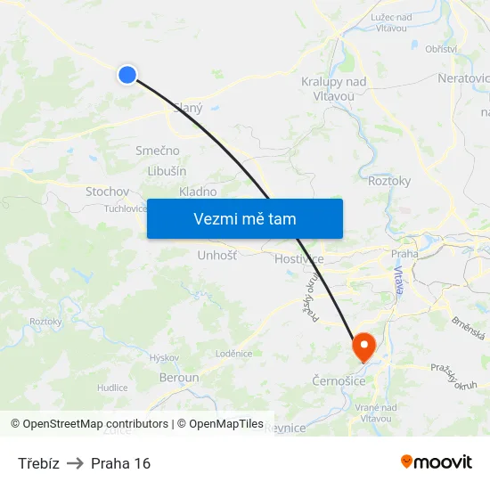 Třebíz to Praha 16 map