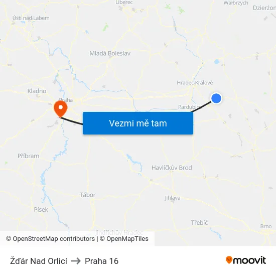Žďár Nad Orlicí to Praha 16 map