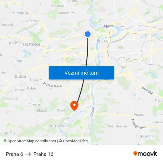 Praha 6 to Praha 16 map
