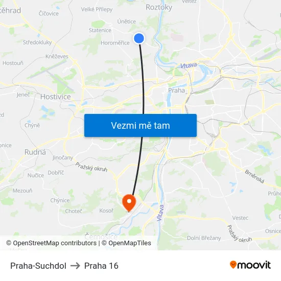 Praha-Suchdol to Praha 16 map