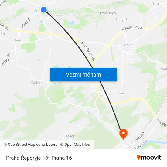Praha-Řeporyje to Praha 16 map
