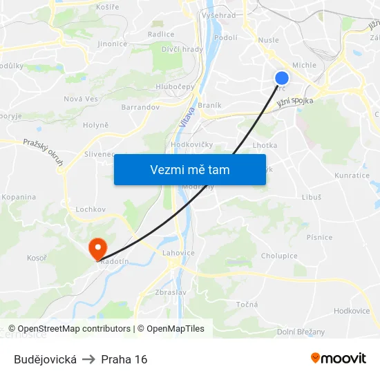 Budějovická to Praha 16 map