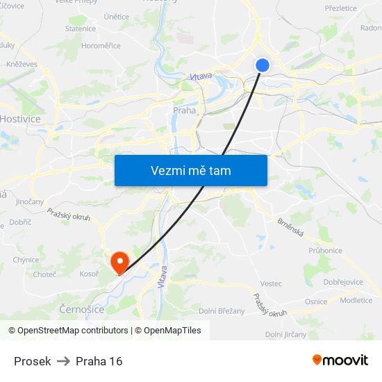 Prosek to Praha 16 map