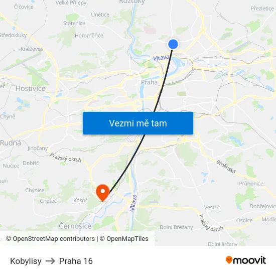 Kobylisy to Praha 16 map