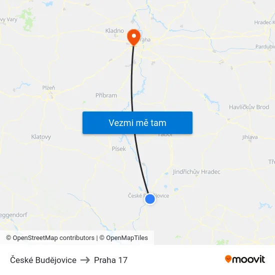 České Budějovice to Praha 17 map