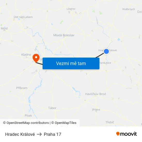 Hradec Králové to Praha 17 map