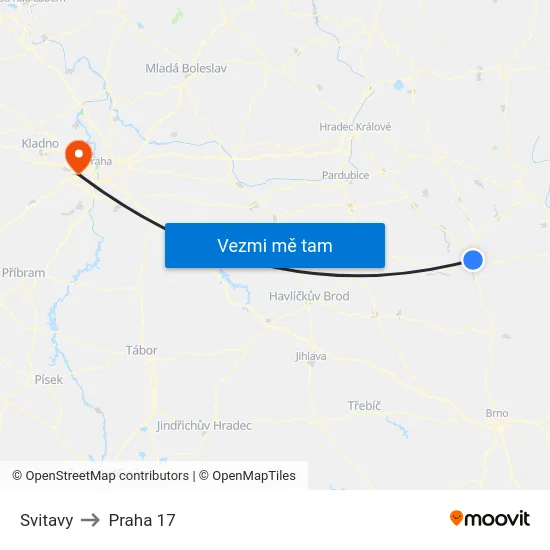 Svitavy to Praha 17 map