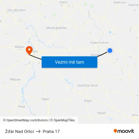 Žďár Nad Orlicí to Praha 17 map