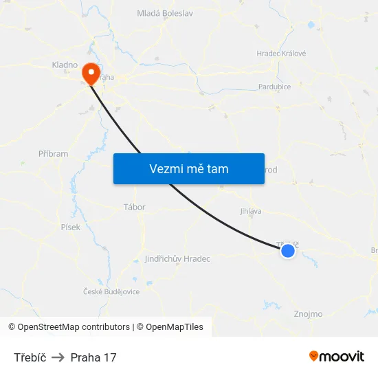Třebíč to Praha 17 map