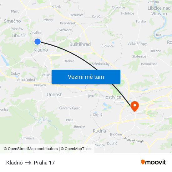 Kladno to Praha 17 map