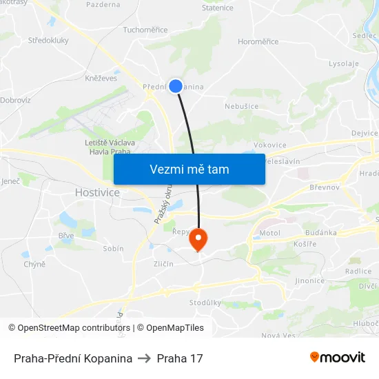 Praha-Přední Kopanina to Praha 17 map