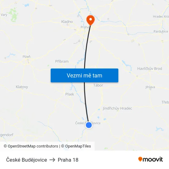 České Budějovice to Praha 18 map