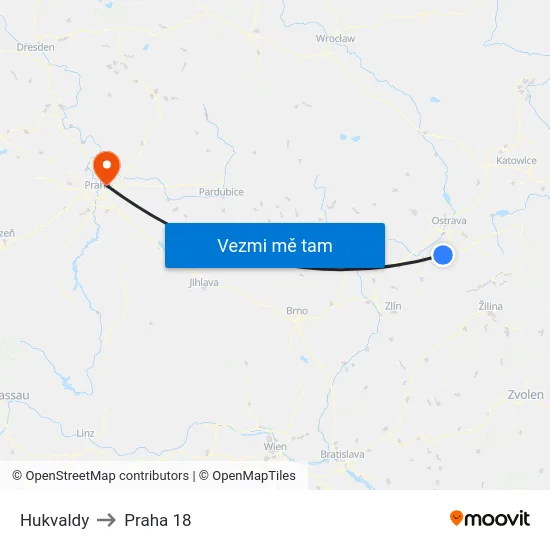 Hukvaldy to Praha 18 map