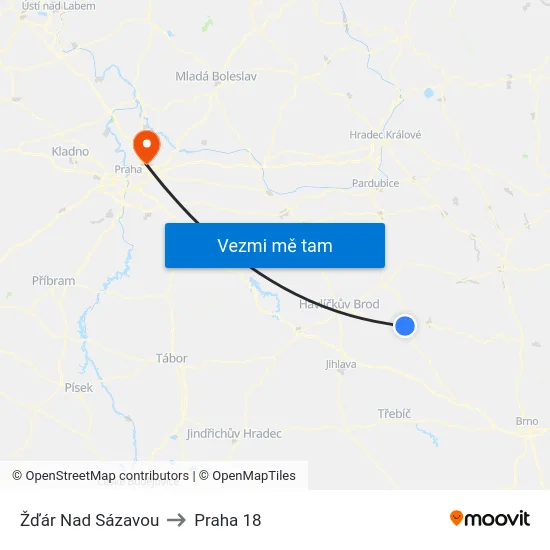 Žďár Nad Sázavou to Praha 18 map