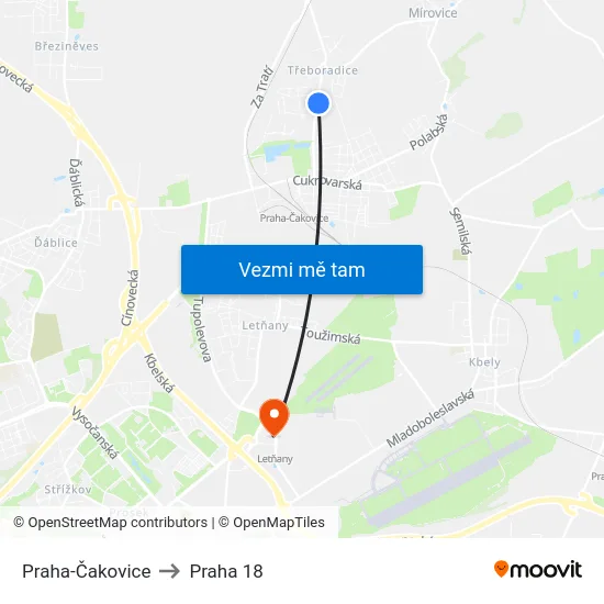 Praha-Čakovice to Praha 18 map