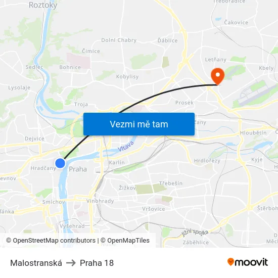 Malostranská to Praha 18 map