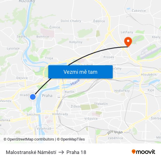 Malostranské Náměstí to Praha 18 map