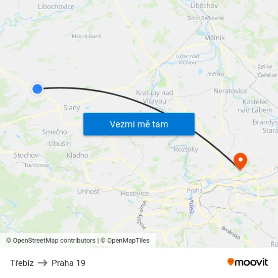 Třebíz to Praha 19 map