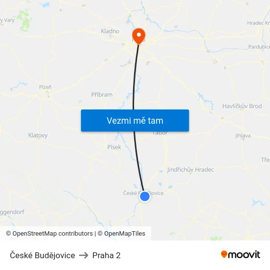 České Budějovice to Praha 2 map