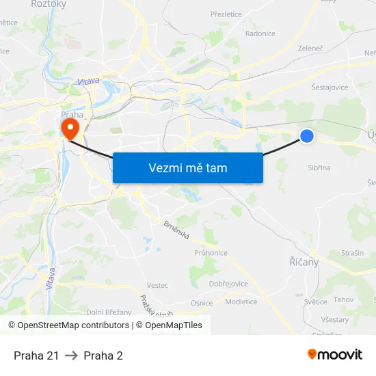 Praha 21 to Praha 2 map