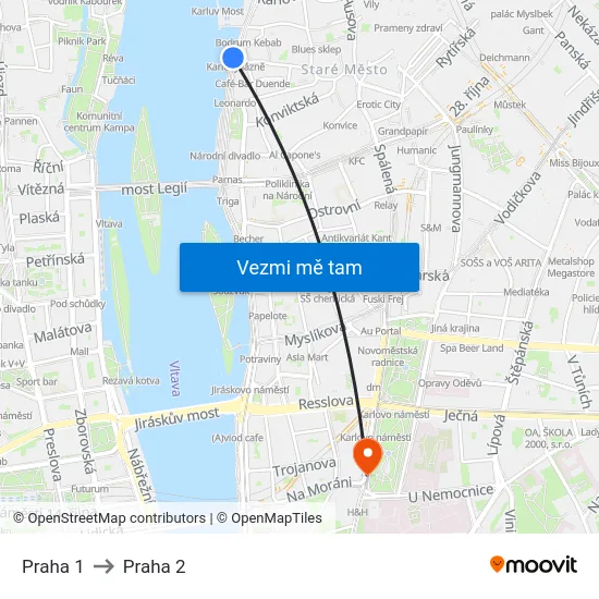 Praha 1 to Praha 2 map