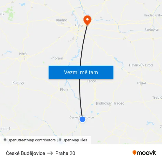 České Budějovice to Praha 20 map
